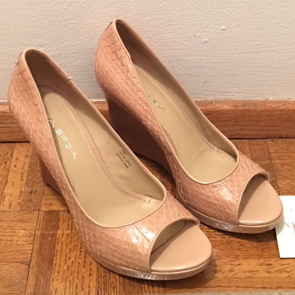 Via Spiga Textured Leather Open Toe Wedge